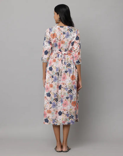 Floral Printed V Neck Dress With Embroidery on Neck, Sleeve & Waist Emroidered Belt