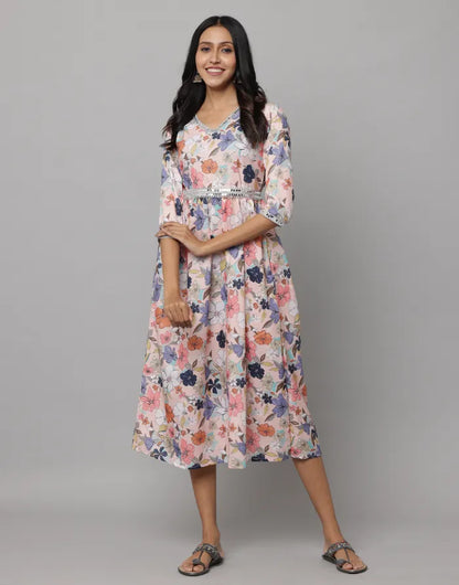 Floral Printed V Neck Dress With Embroidery on Neck, Sleeve & Waist Emroidered Belt