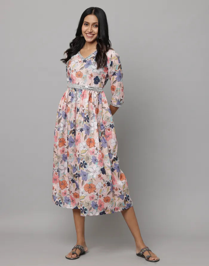 Floral Printed V Neck Dress With Embroidery on Neck, Sleeve & Waist Emroidered Belt