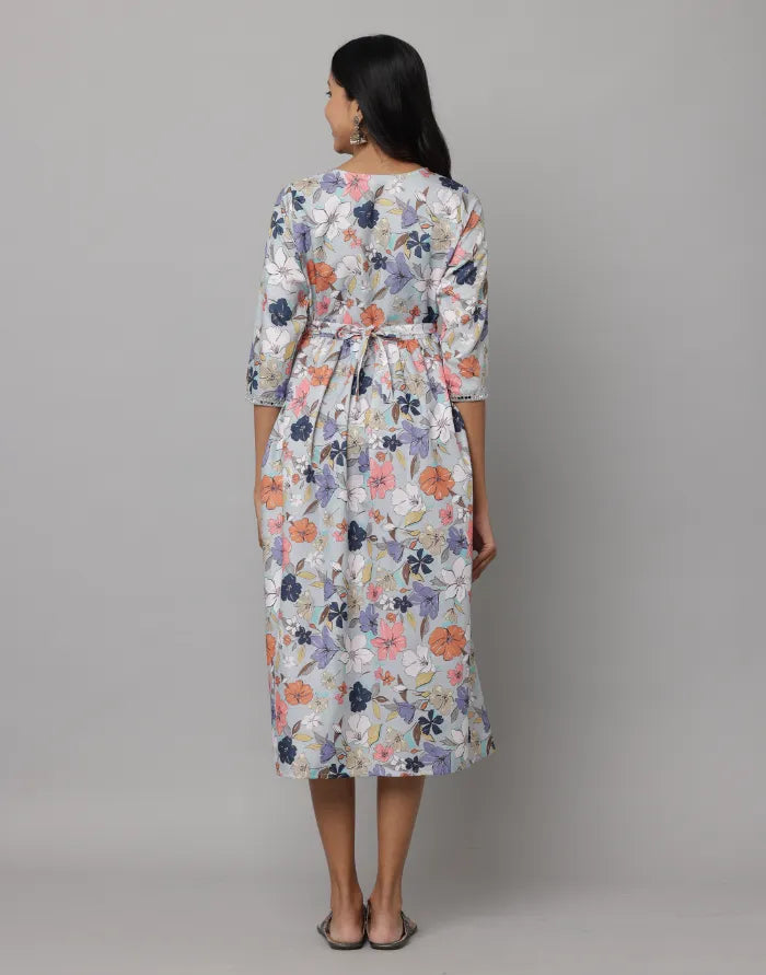 Floral Printed V Neck Dress With Embroidery on Neck, Sleeve & Waist Emroidered Belt