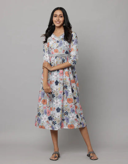 Floral Printed V Neck Dress With Embroidery on Neck, Sleeve & Waist Emroidered Belt