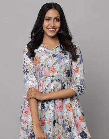 Floral Printed V Neck Dress With Embroidery on Neck, Sleeve & Waist Emroidered Belt