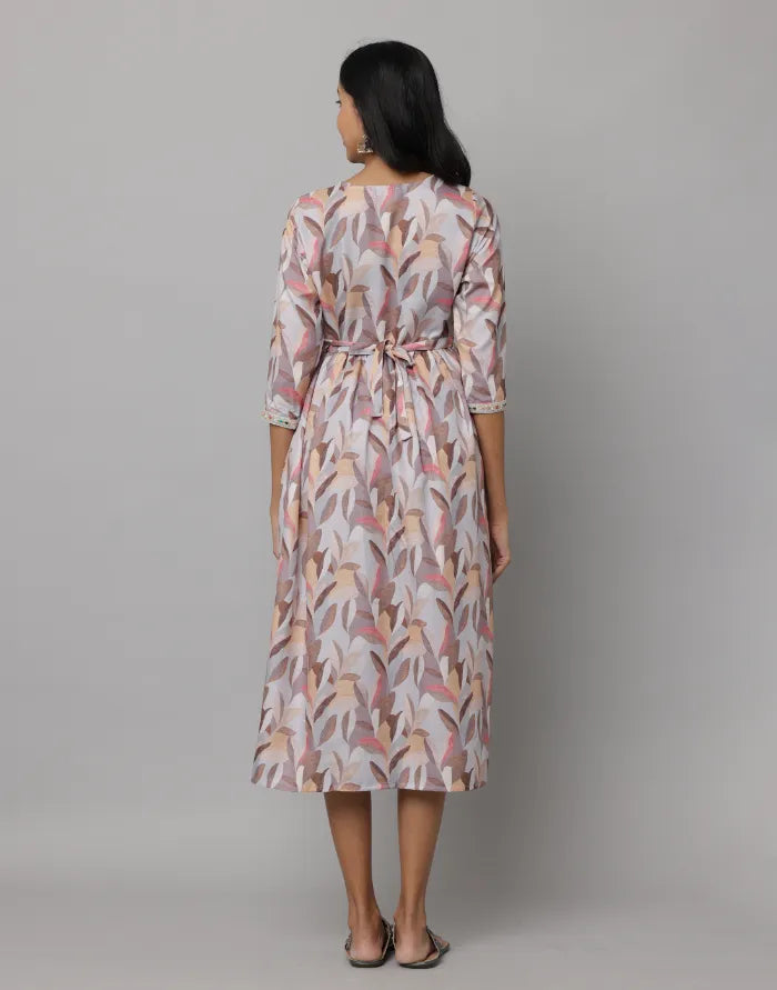 Floral Printed V Neck Dress With Embroidery on Neck, Sleeve & Waist Emroidered Belt