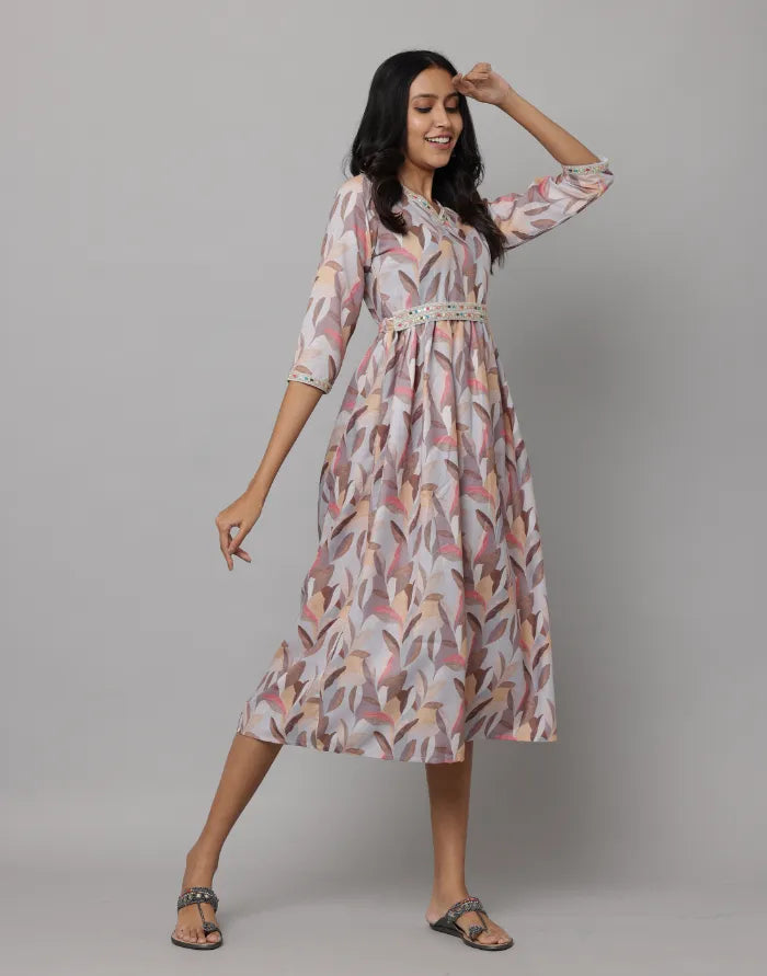 Floral Printed V Neck Dress With Embroidery on Neck, Sleeve & Waist Emroidered Belt