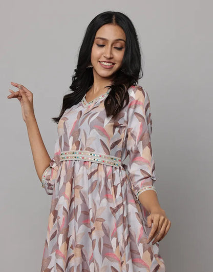 Floral Printed V Neck Dress With Embroidery on Neck, Sleeve & Waist Emroidered Belt