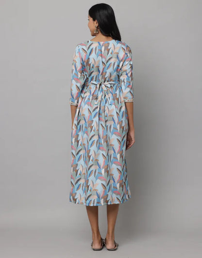 Floral Printed V Neck Dress With Embroidery on Neck, Sleeve & Waist Emroidered Belt