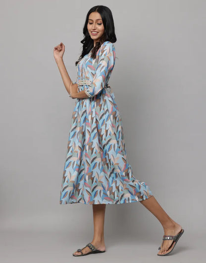 Floral Printed V Neck Dress With Embroidery on Neck, Sleeve & Waist Emroidered Belt