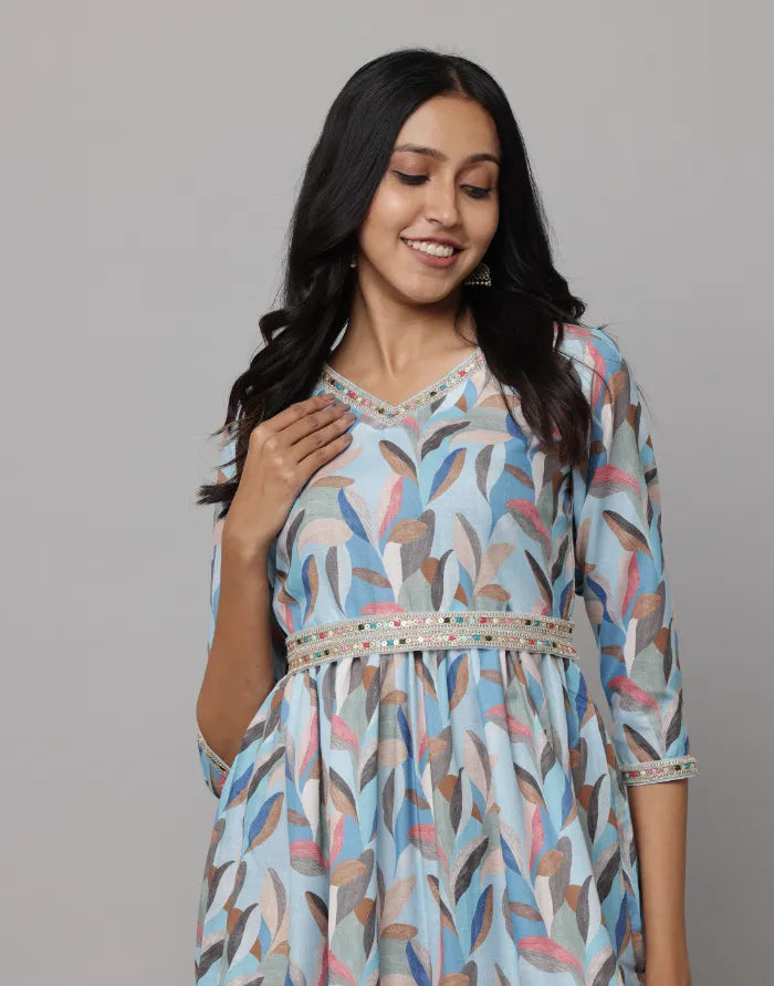 Floral Printed V Neck Dress With Embroidery on Neck, Sleeve & Waist Emroidered Belt