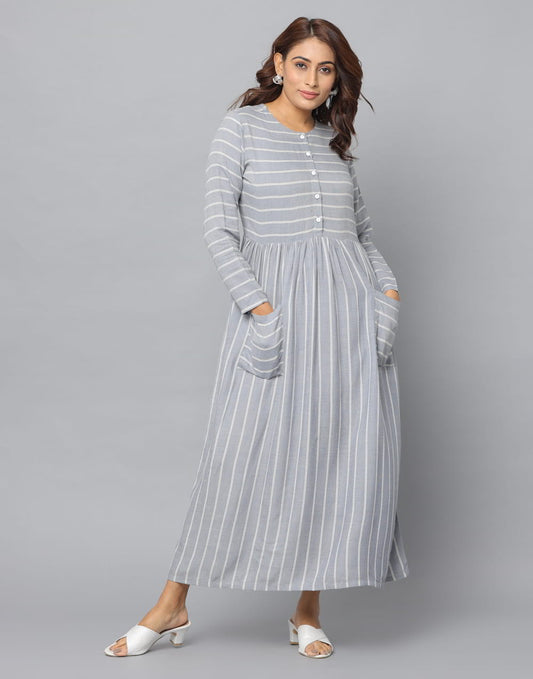 Striped Round Neck Flared Dress