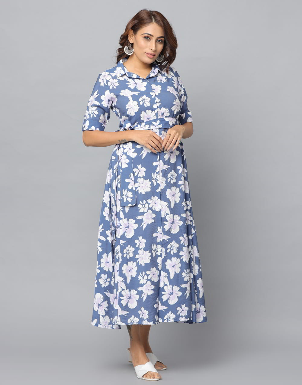 Wholesale Blue Floral Print Front Open Dress with Waist Belt