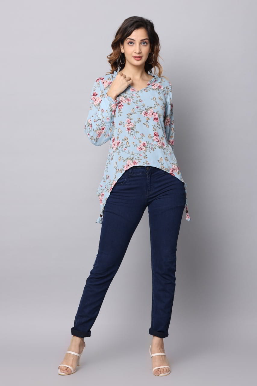 Floral Frilled V Neck Top