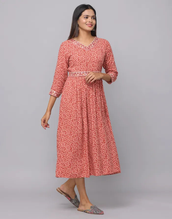 Floral Printed V Neck Dress With Embroidery on Neck, Sleeve & Waist Emroidered Belt