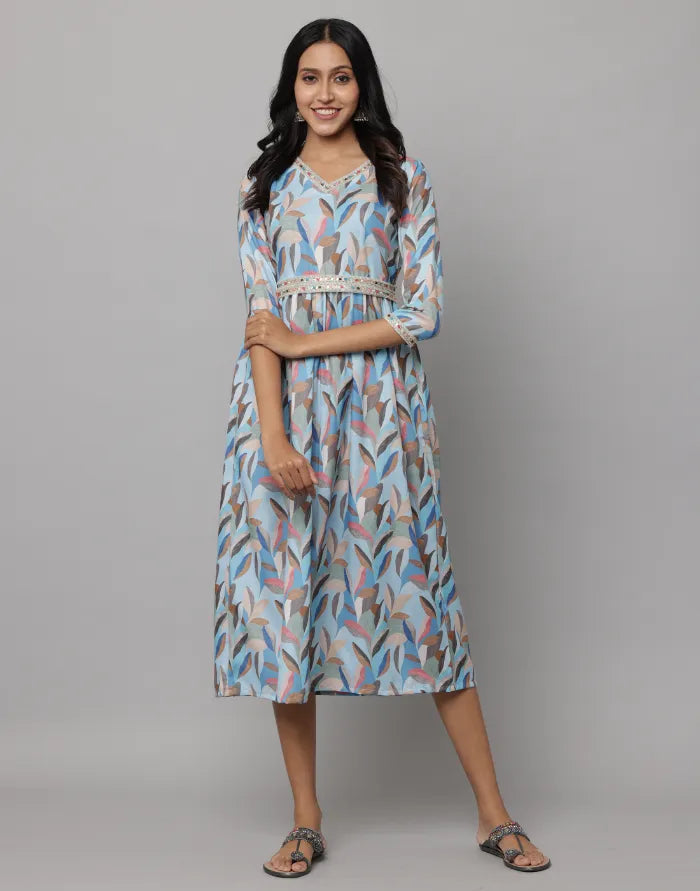 Floral Printed V Neck Dress With Embroidery on Neck, Sleeve & Waist Emroidered Belt