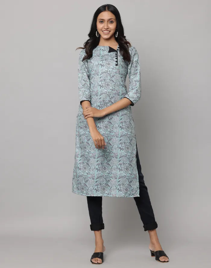 Floral Printed Round Neck Side Front Placket With button 3/4Th Sleeves Kurta