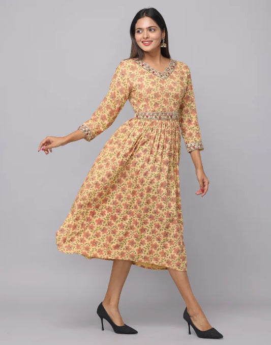 Floral Printed V Neck Dress With Embroidery on Neck, Sleeve & Waist Emroidered Belt