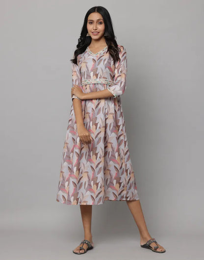 Floral Printed V Neck Dress With Embroidery on Neck, Sleeve & Waist Emroidered Belt