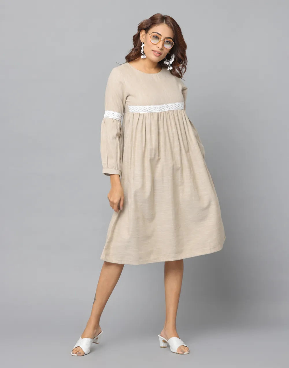 Chic Cream Frock Style Dress with Lace Sleeves