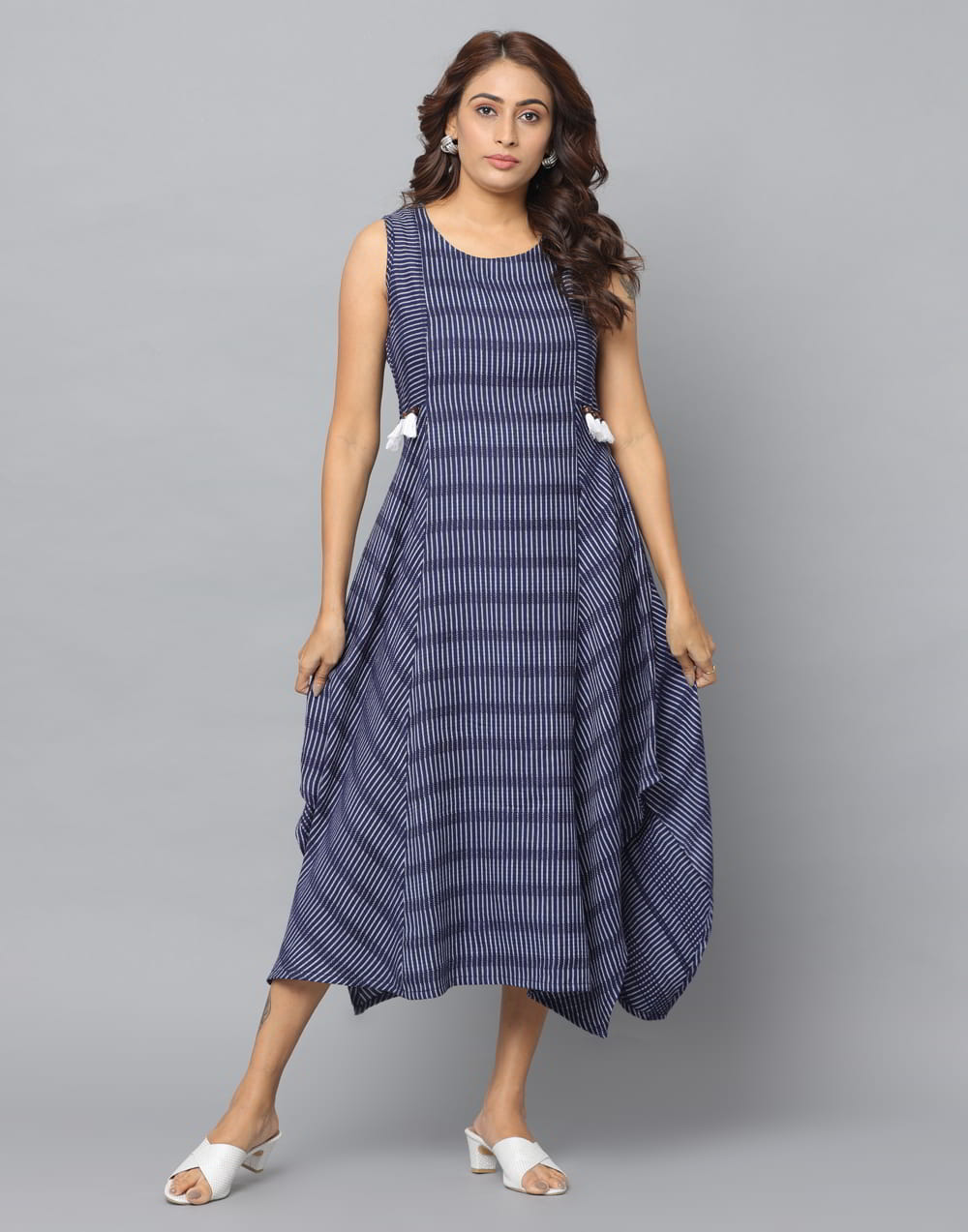 Navy Blue Checked Kurta with Tassels