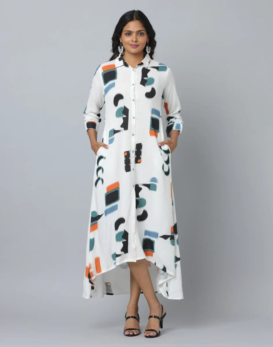 Western Abstract Print Rayon Dress with Pockets