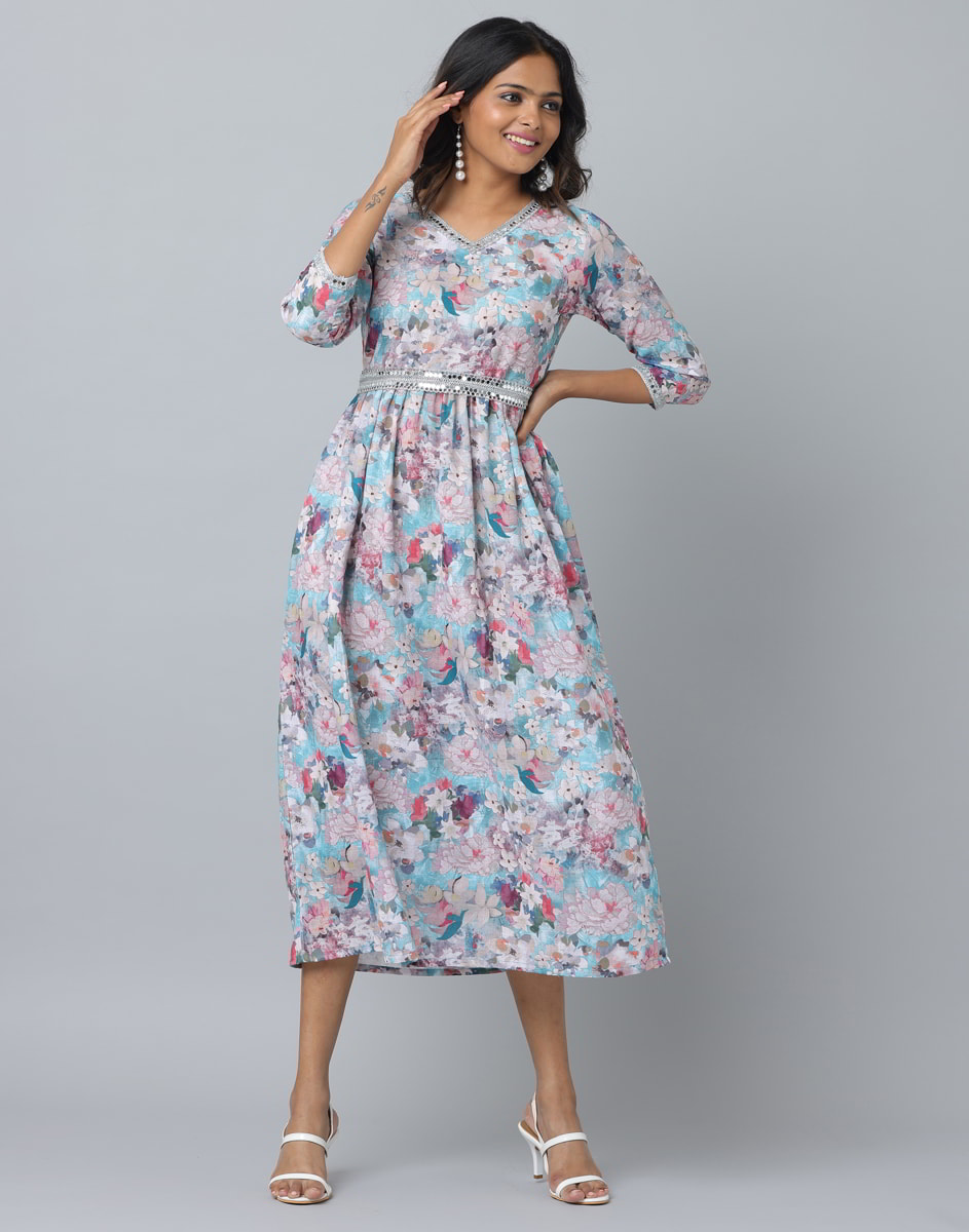 Ethnic Dress with Floral Print & 3/4 Sleeves