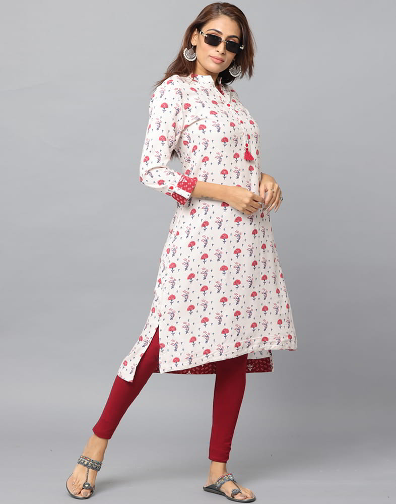 Floral Print Mandarin Collar Kurta