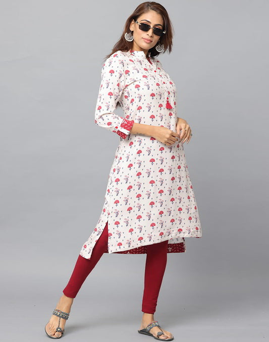 Floral Print Mandarin Collar Kurta