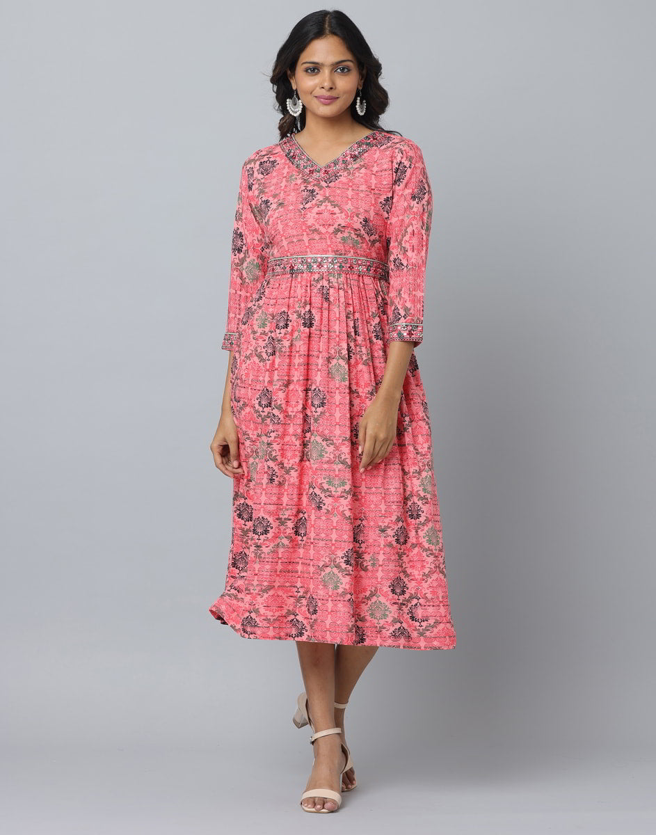 Wholesale Elegant Pink Floral Dress with Embroidered Accents