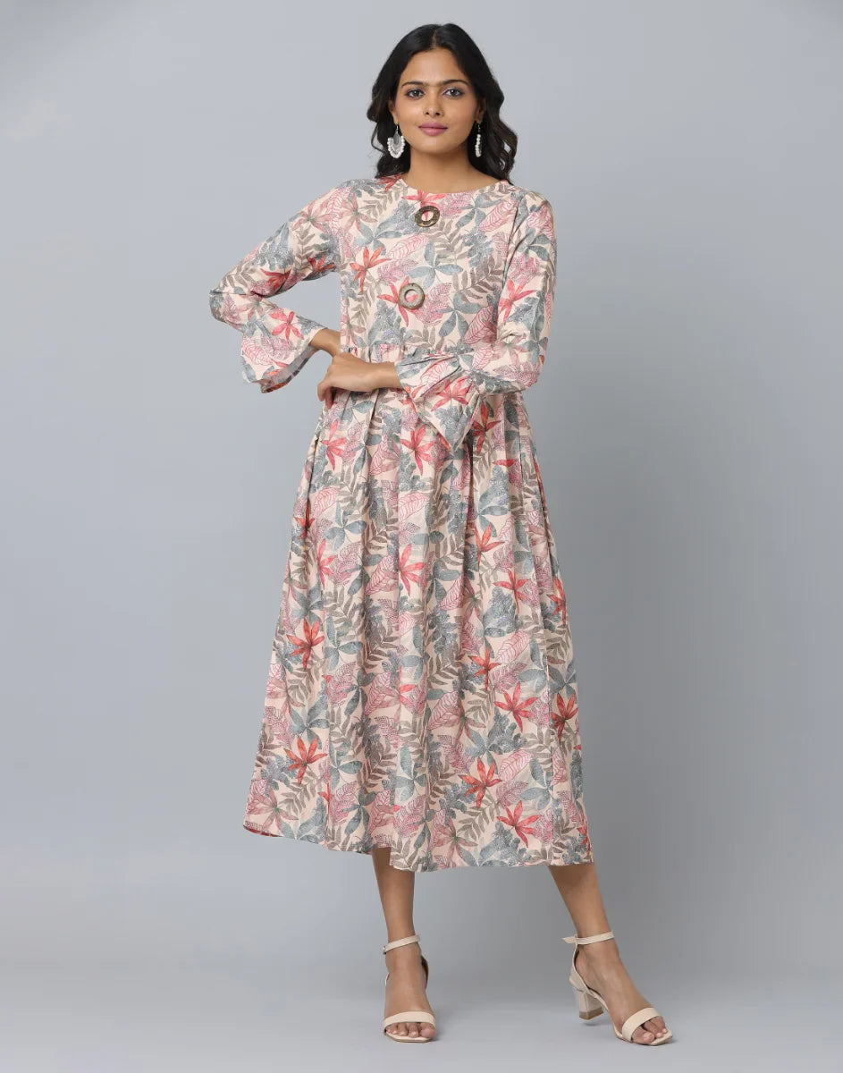 Floral Print Chiffon Dress with Wooden Rings