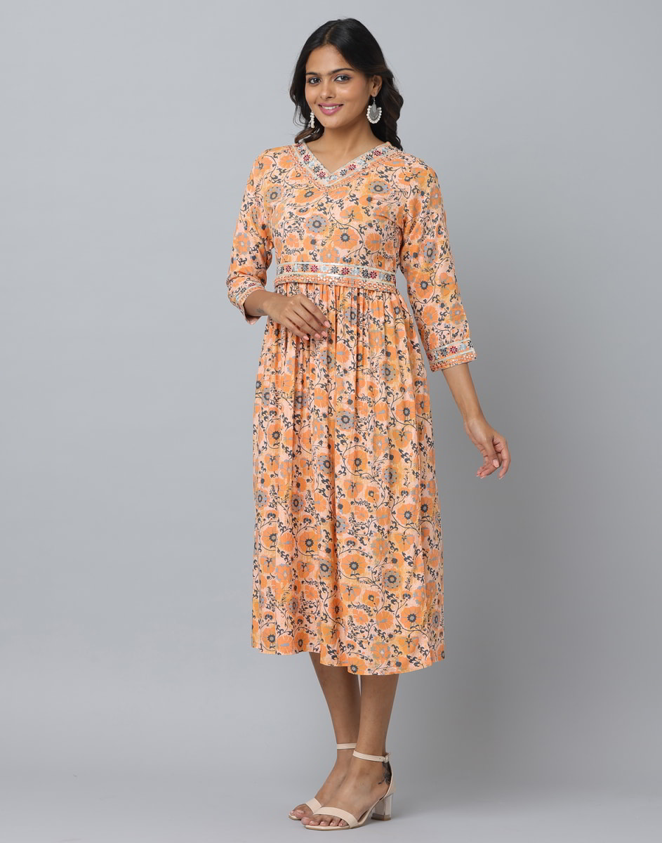 Orange Floral Print Ethnic Wear Dress