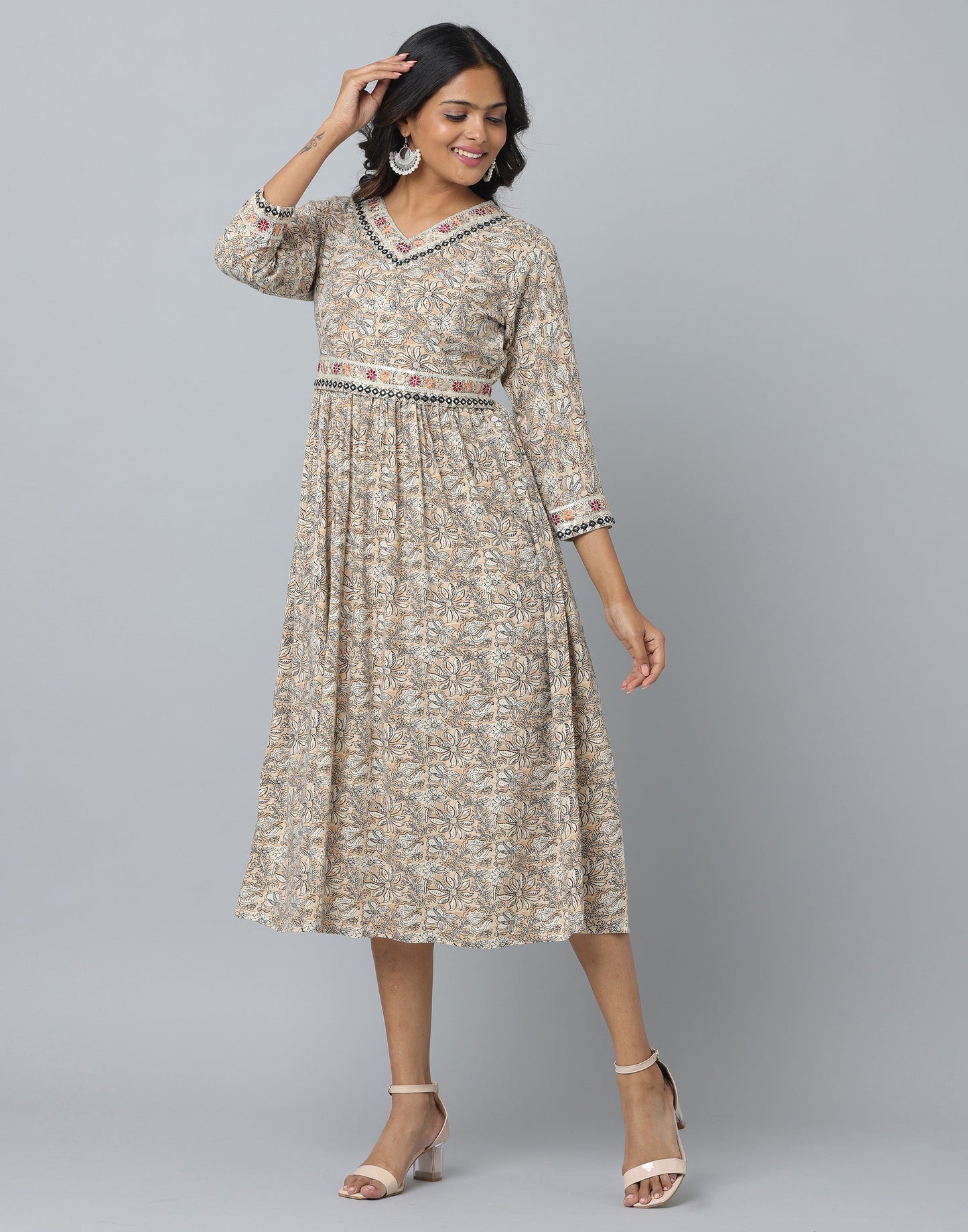 Cream Floral Print 3/4 Sleeve Ethnic Dress