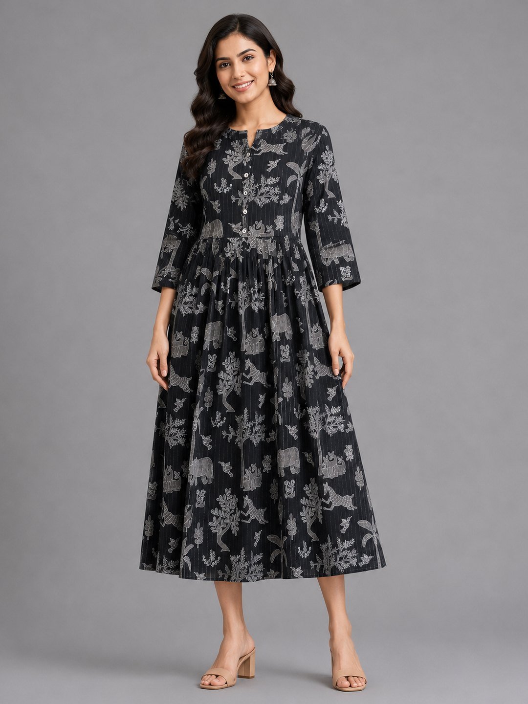 Charcoal midi dress with folk animal print