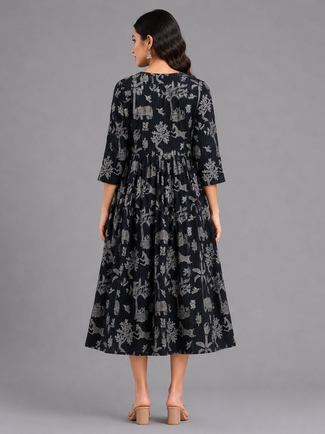 Charcoal folk-print midi dress, back