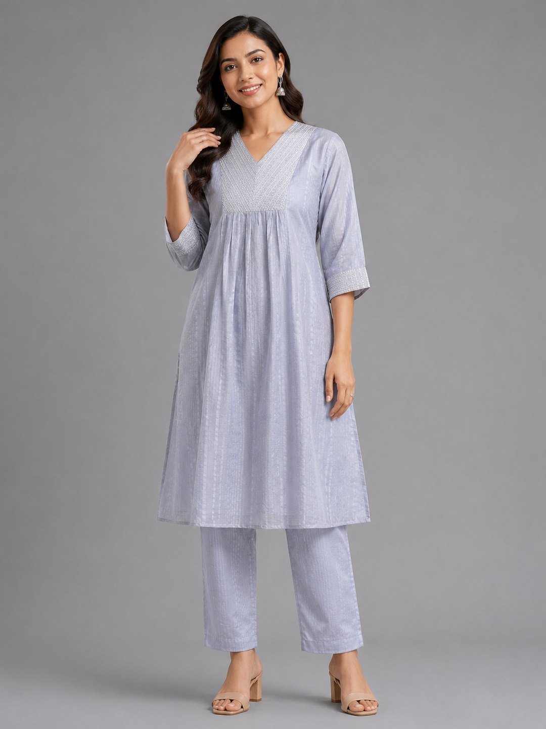Lavender chanderi kurta set with pin-tucked yoke