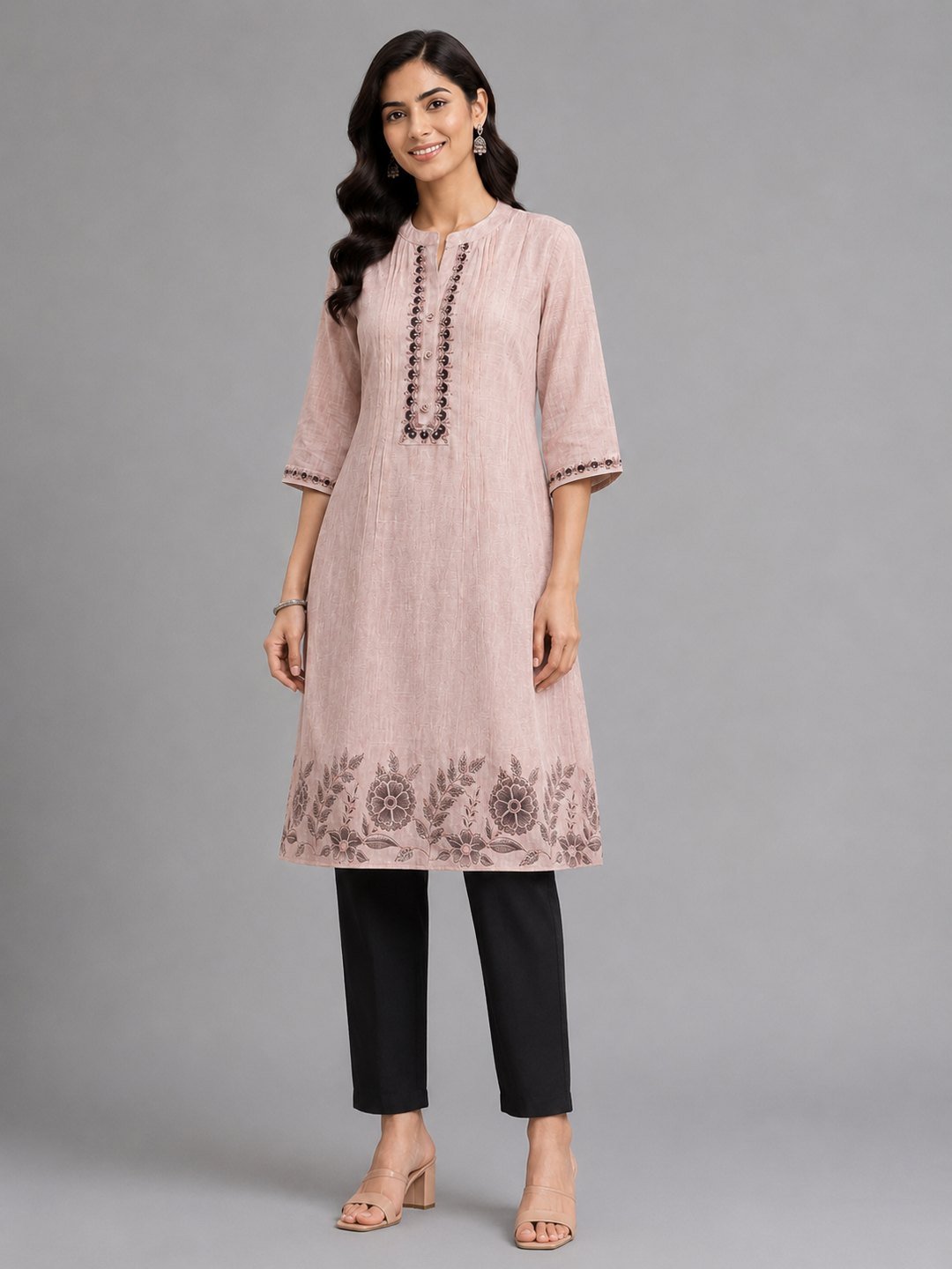 Rose linen kurta over slim trousers