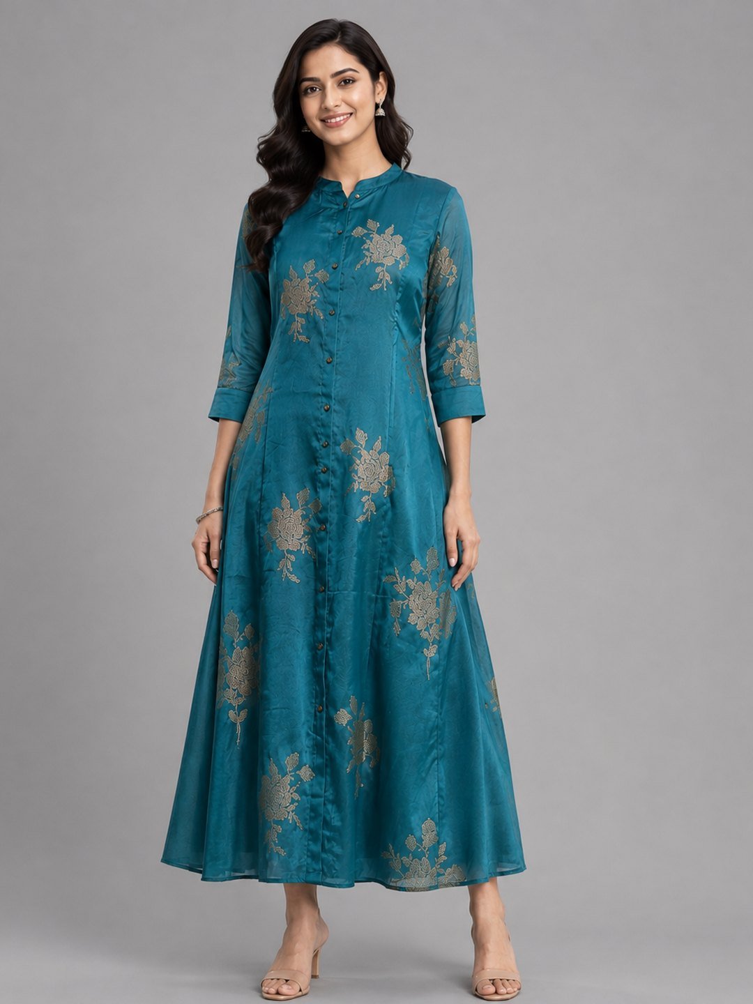 Teal occasion maxi with gold block-print florals